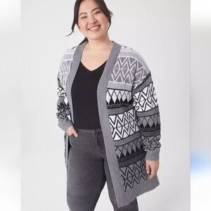 Lane Bryant Jaquard Pattern Open Sweater Long Cardigan in Black/White/Grey